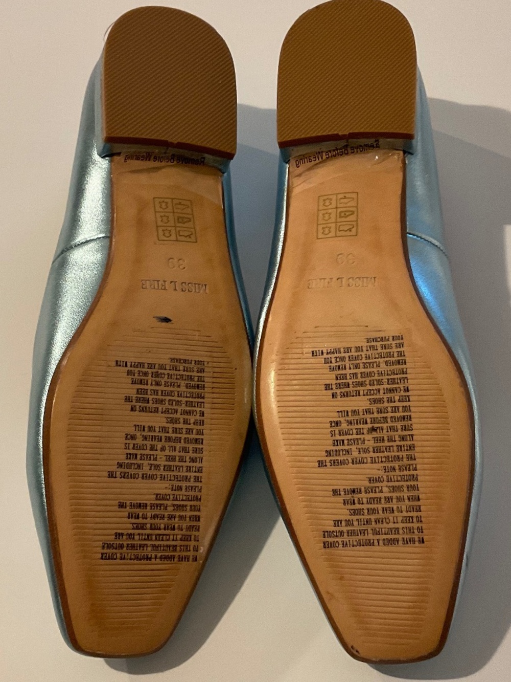 MISS L FIRE Metallic Mint Blue Square Toe Leather Flats Size EU 39 /9 NEW - Picture 6 of 9